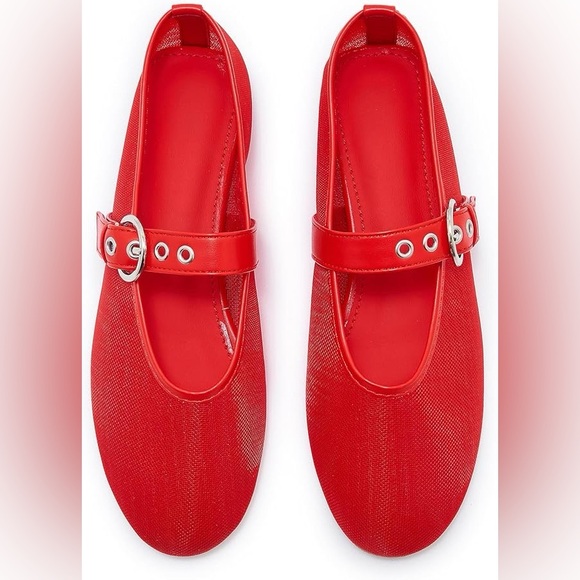 Womens Flat Red Mesh Ballet Slip On Mary Jane Casual Ballerina Shoes 7 Wedding - Picture 5 of 5